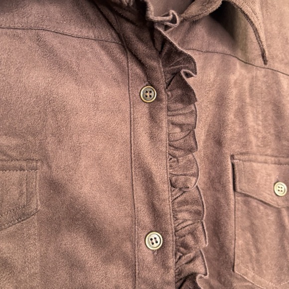 Susan Graver Womens Top XL Brown Faux Suede Button Ruffle Western Country Ranch - Picture 3 of 12